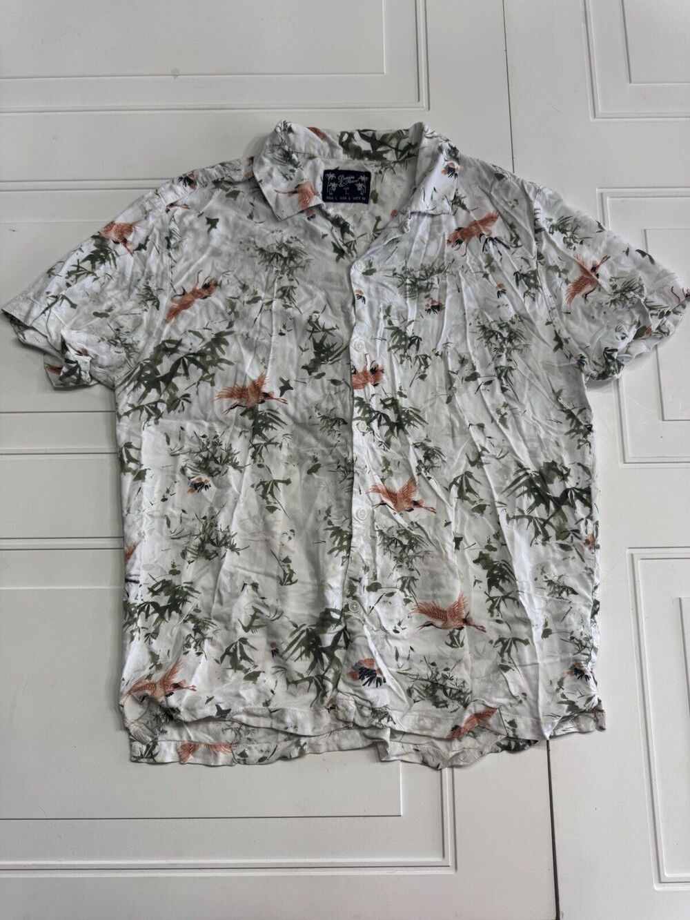 Denim & Flower Flamingo Theme Button Down Shirt Mens Size Large L Hawaiian